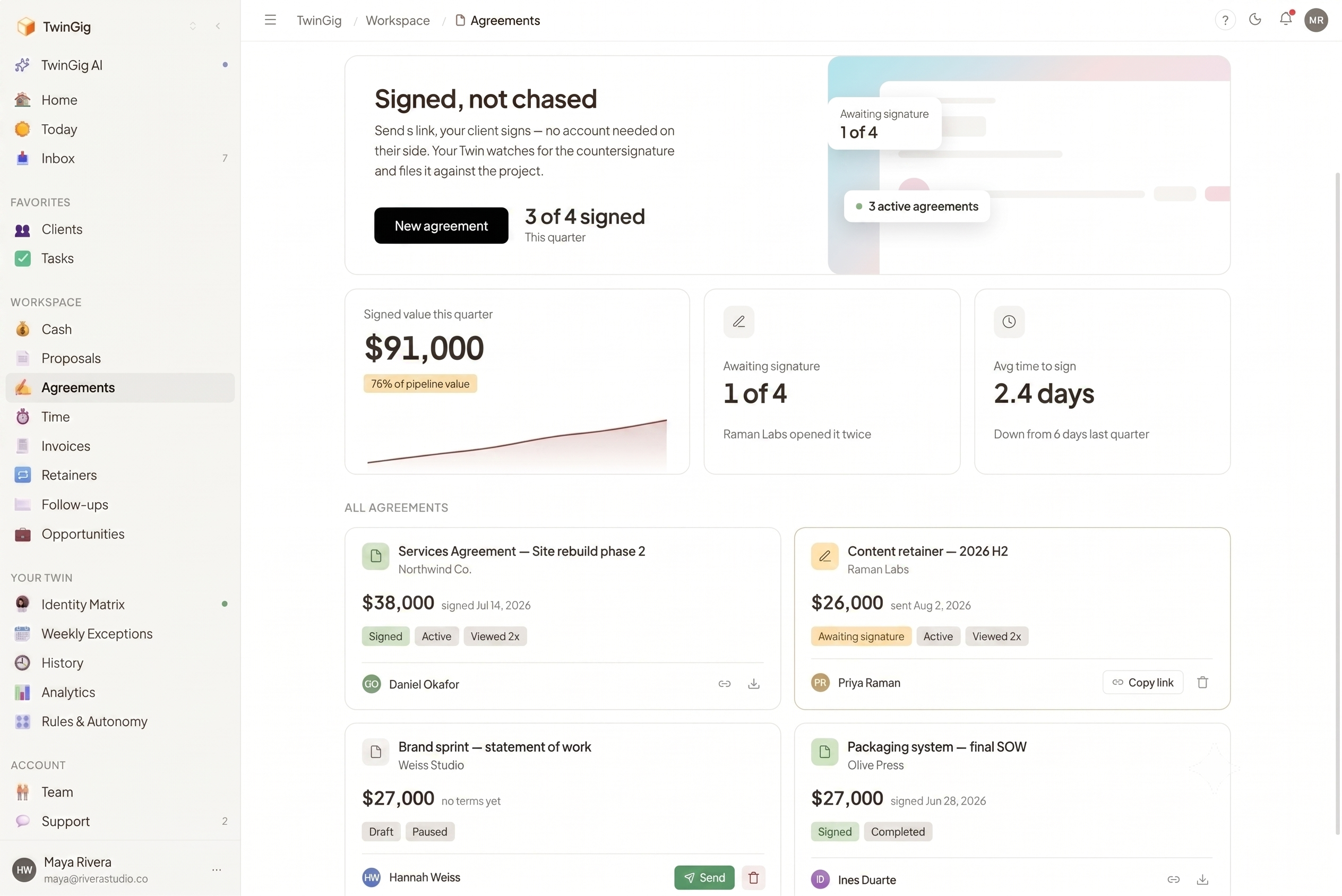 Signed agreements: e-signed, locked, and versioned with a certificate page
