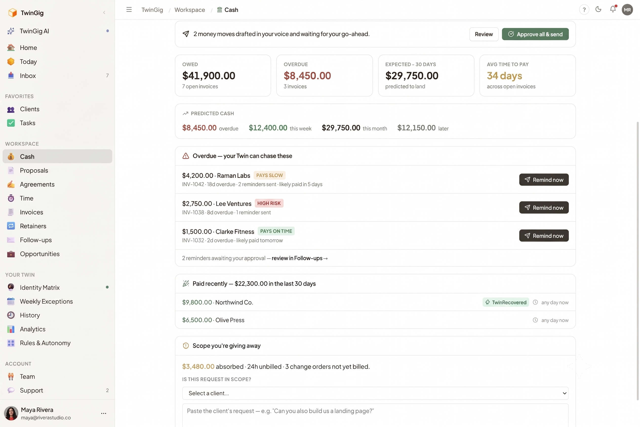 Cash Autopilot: predicted inflows, per-client payment risk and the reminder ladder