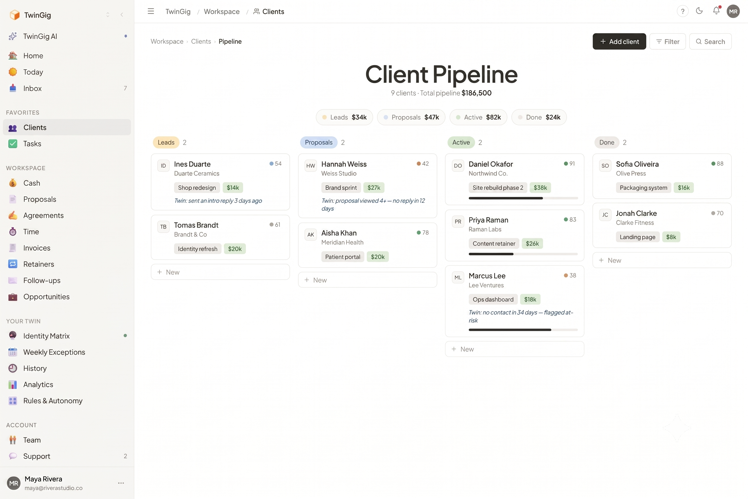 Client Pipeline: every client by stage, with an email-derived health score