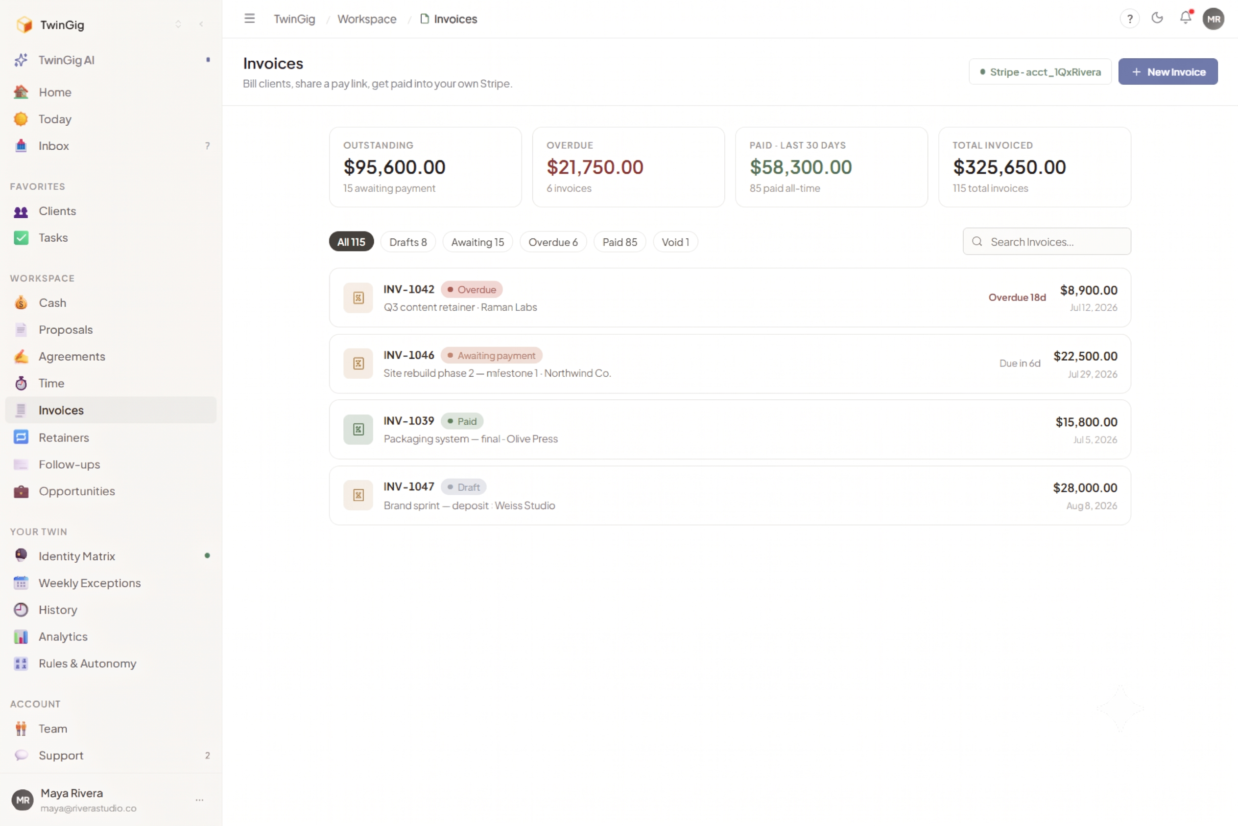 Invoicing: itemised invoices with a public pay link on your own Stripe account