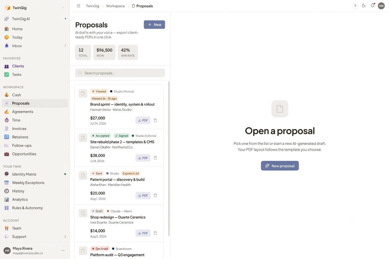 Proposal Generator: a full proposal in your voice, on a flagship template