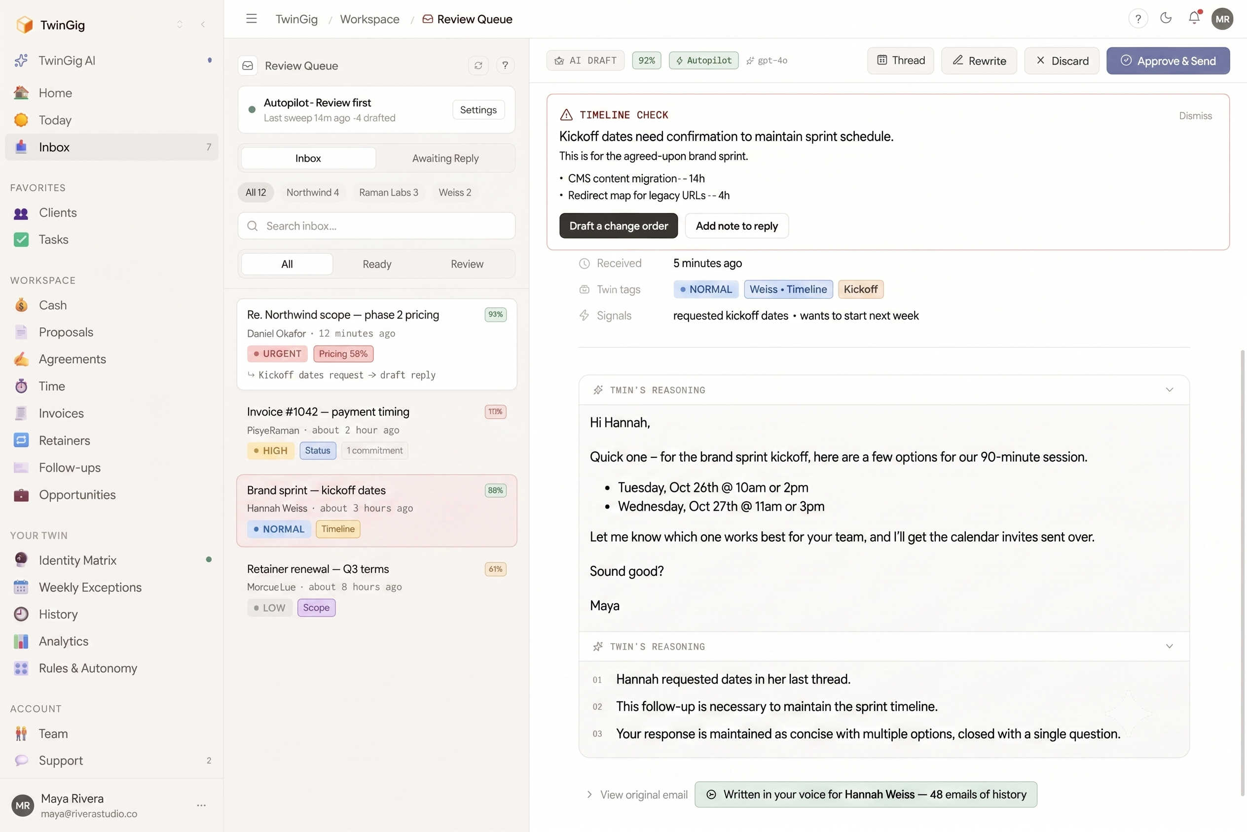 Review Queue: AI-drafted replies with the client context beside each draft