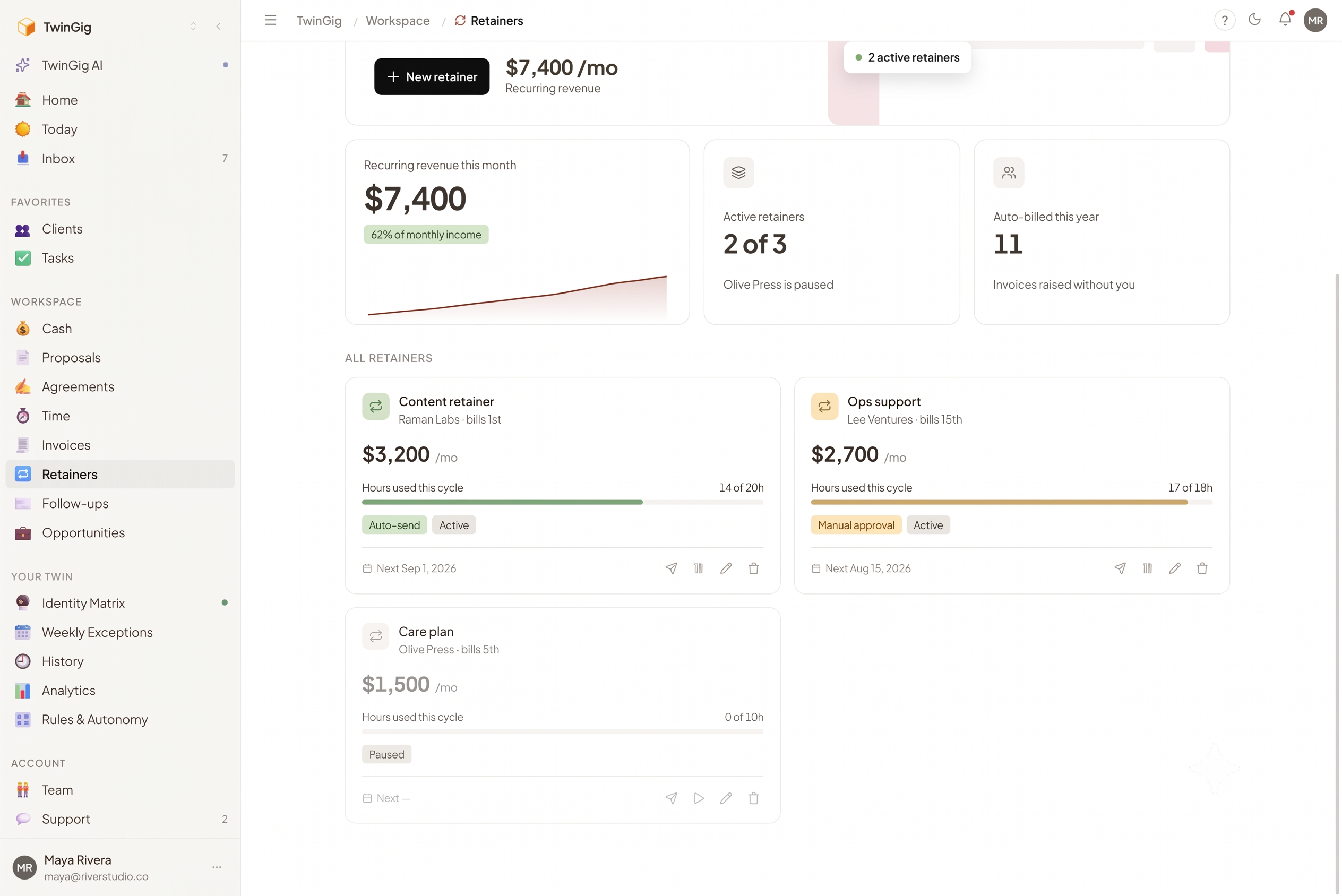 Retainers: recurring invoices issued and sent on their own cadence