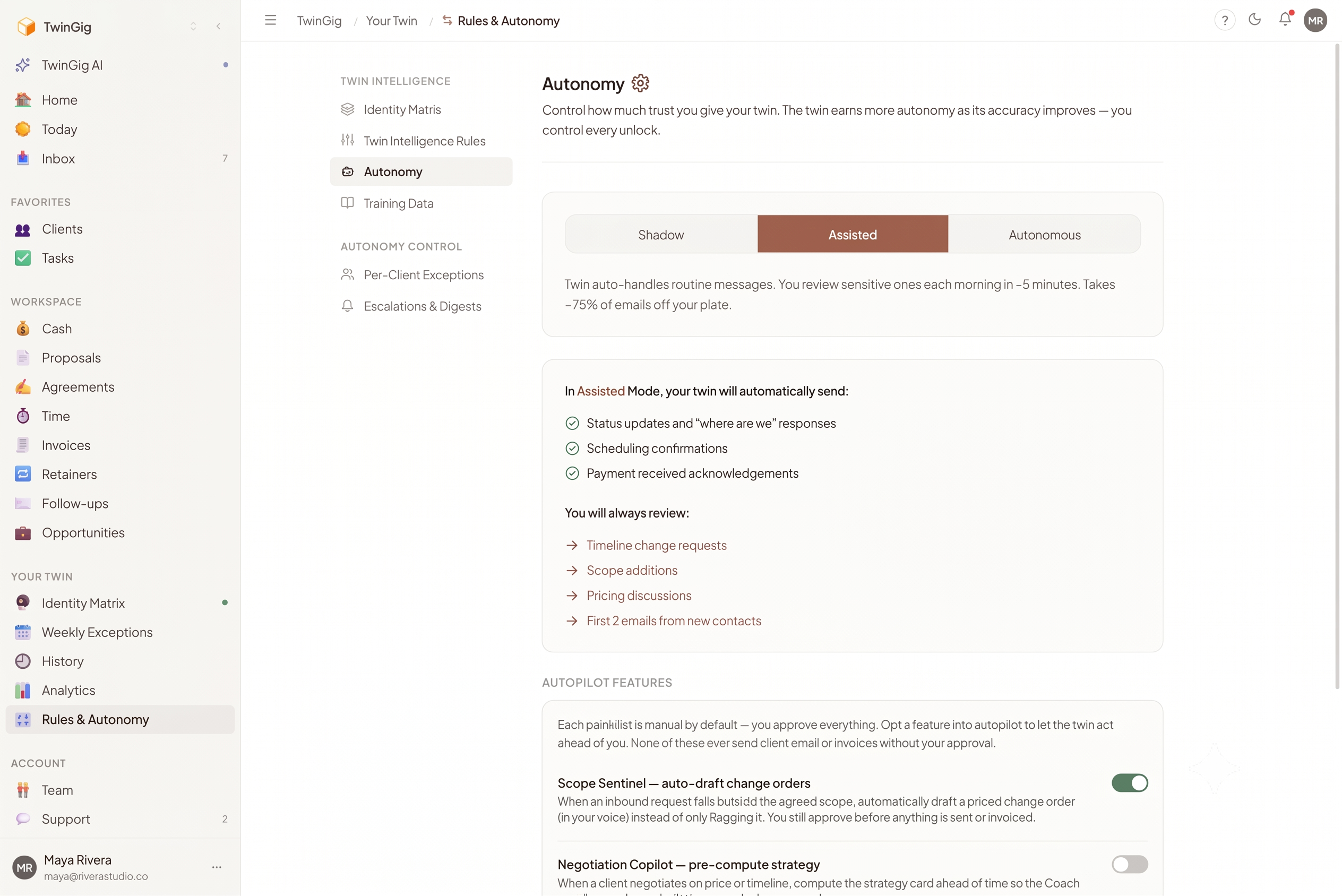 Rules & Autonomy: Shadow, Assisted and Autonomous, with per-client overrides