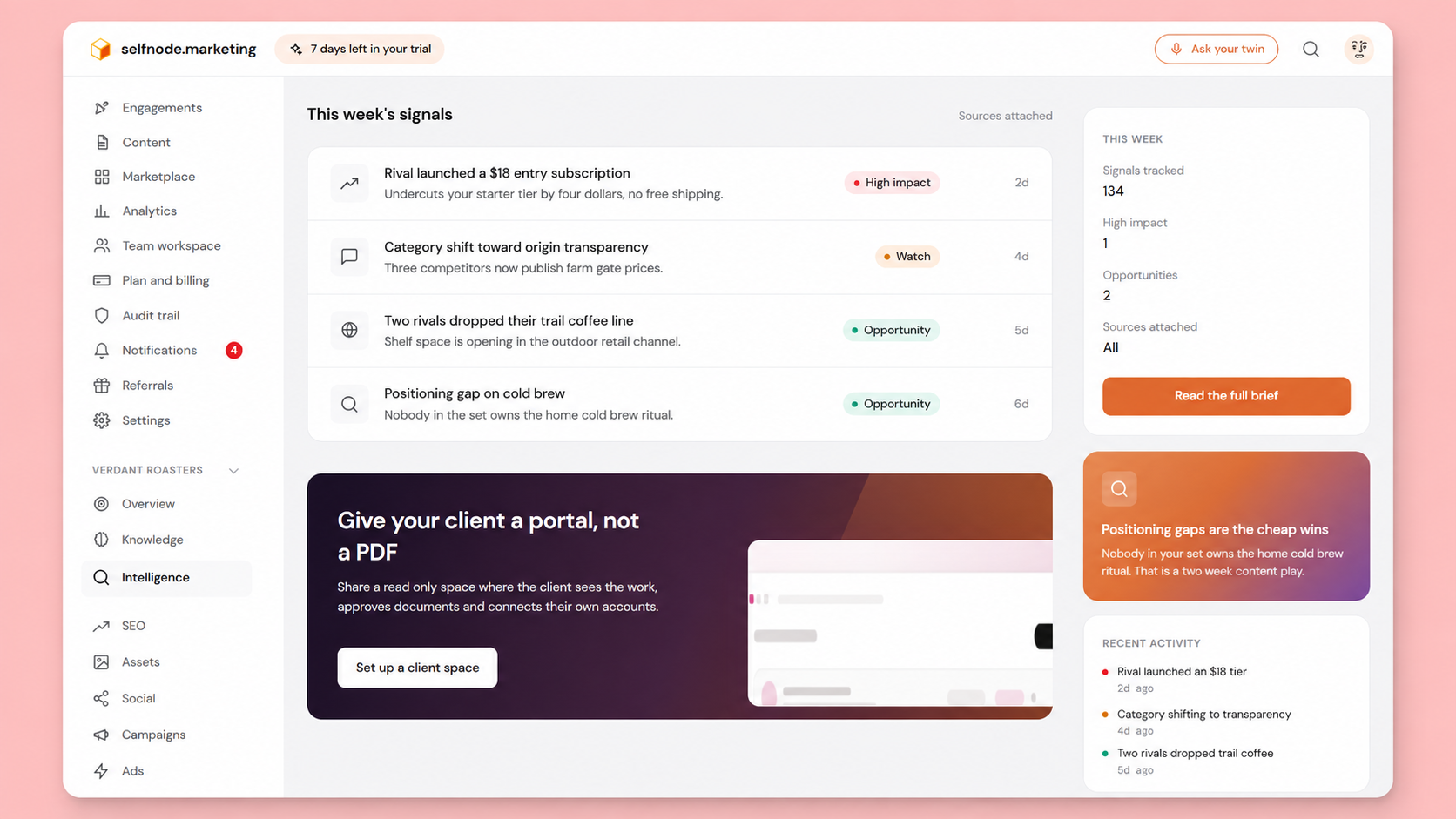 Competitive intelligence — weekly automated crawls surfacing competitor messaging and positioning changes