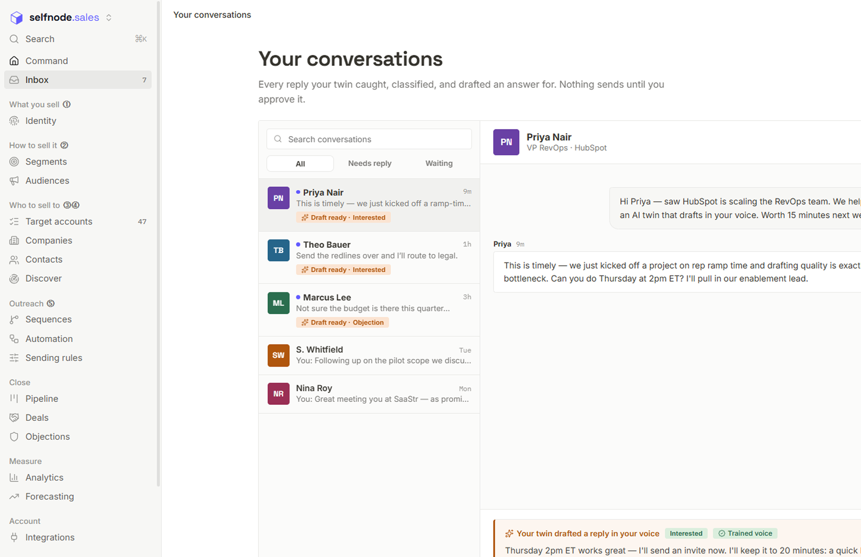 Reply queue — every response classified and routed to its next step
