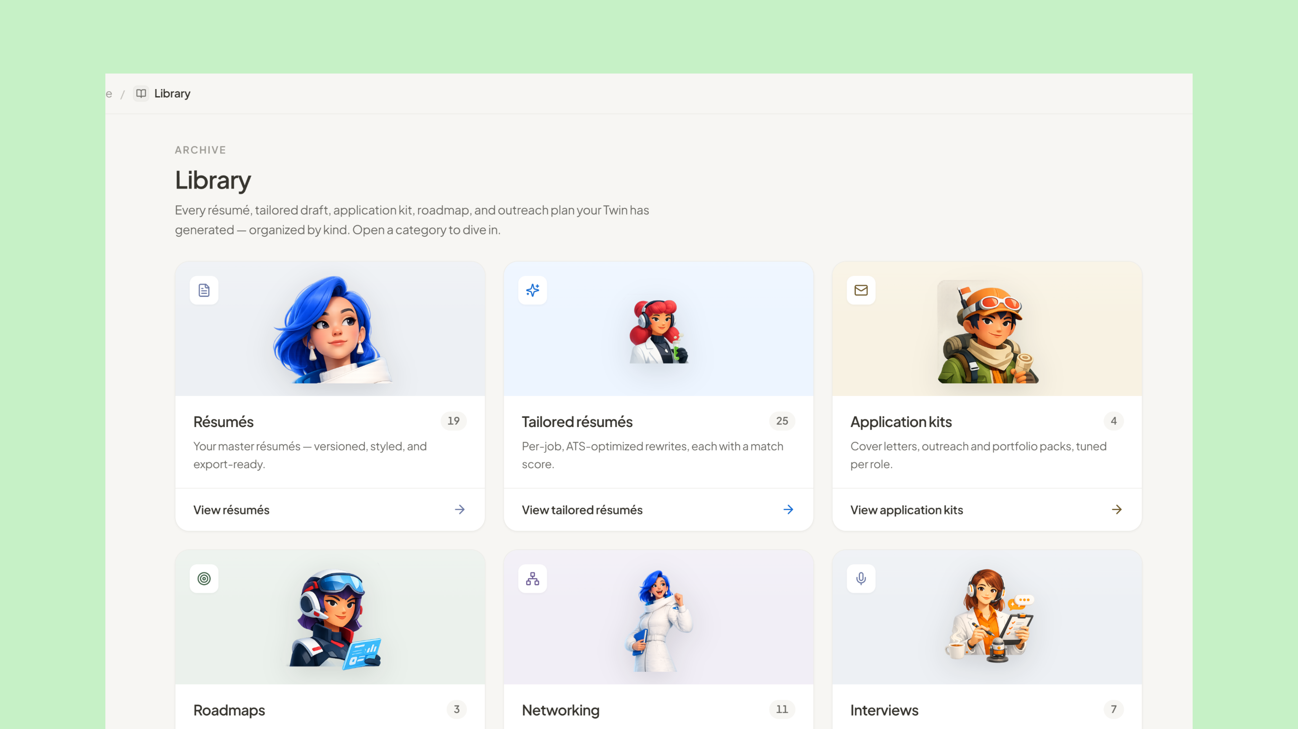 Library: every résumé, tailored résumé, application kit, roadmap, and interview in one table